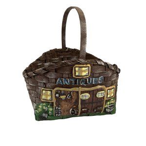 Handled Basket Hand Sponge Painted Decorated 3D Folk Art Antiques Market Brown